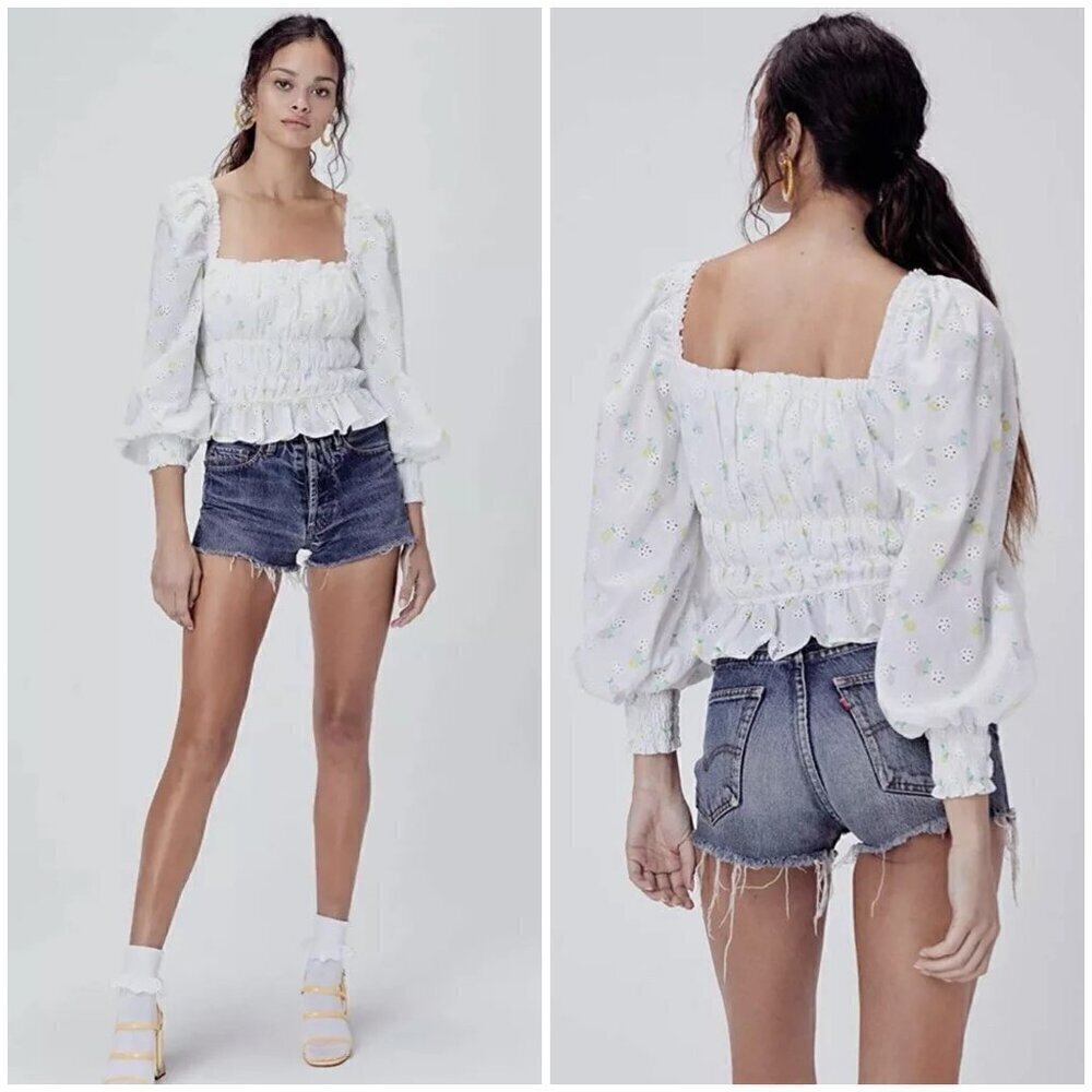 💕FOR LOVE & LEMONS💕 Azalea Smocked Cropped Top ~ White FLoral Print Medium